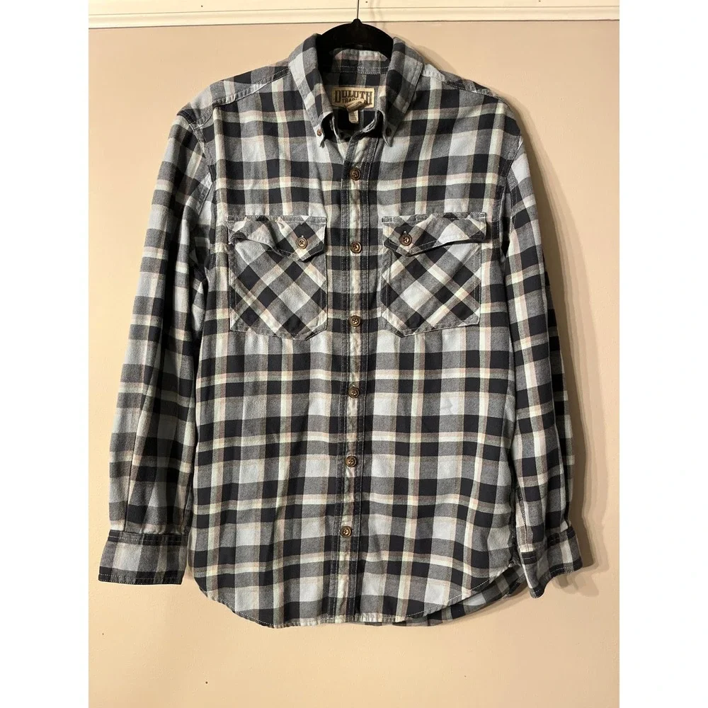 Duluth Trading Co Mens Small Plaid Flannel Button Down Shirt Blue Grey LS
